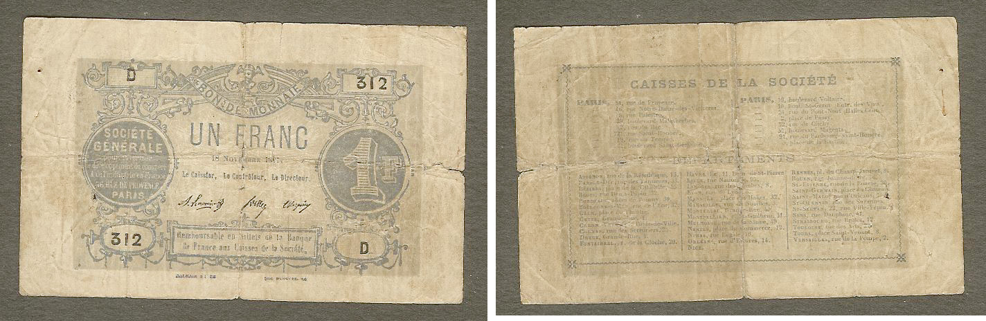 SOCIETE GENERALE - 1 FRANC du 18 NOVEMBRE 1871 B+
